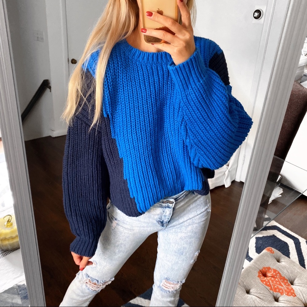 💙 ZARA BLUE NAVY COLOR BLOCK CHUNKY KNIT CROPPED JUMPER! - Picture 2 of 12